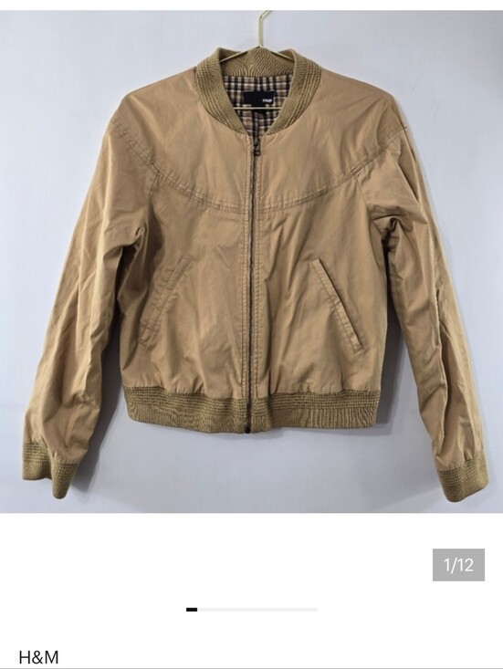 H&M Jackets & Blazers - H&M Sateen Bomber Jacket Neutral Spring Knit Trim Check Tan Cropped Crop Size 8